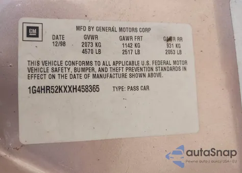 1999 Buick Lesabre Limited из США, поврежденный, VIN 1G4HR52KXXH458365